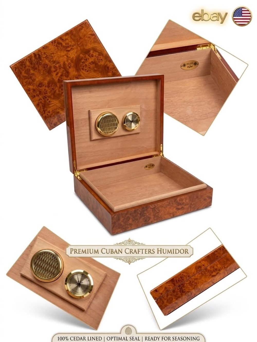 Cuban Crafters Burl Wood Cigar Humidor with Hygrometer Spanish Cedar Lining
